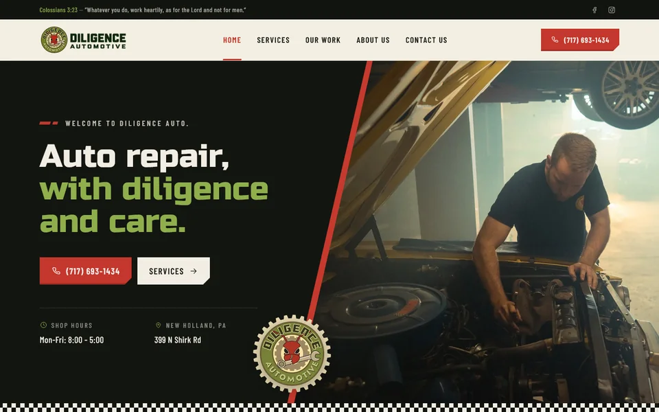 Diligence Automotive website showing its auto repair shop