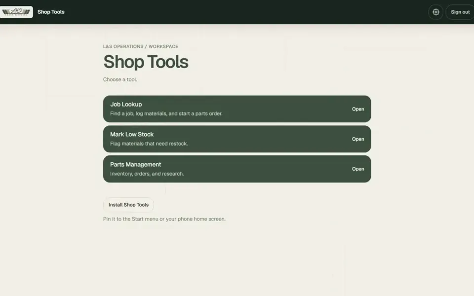 L&S Shop Tools workspace with Job Lookup, Mark Low Stock, and Parts Management