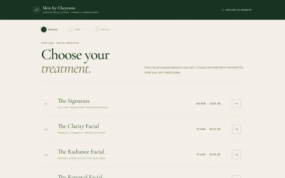 Skin by Cheyenne booking app showing facial services